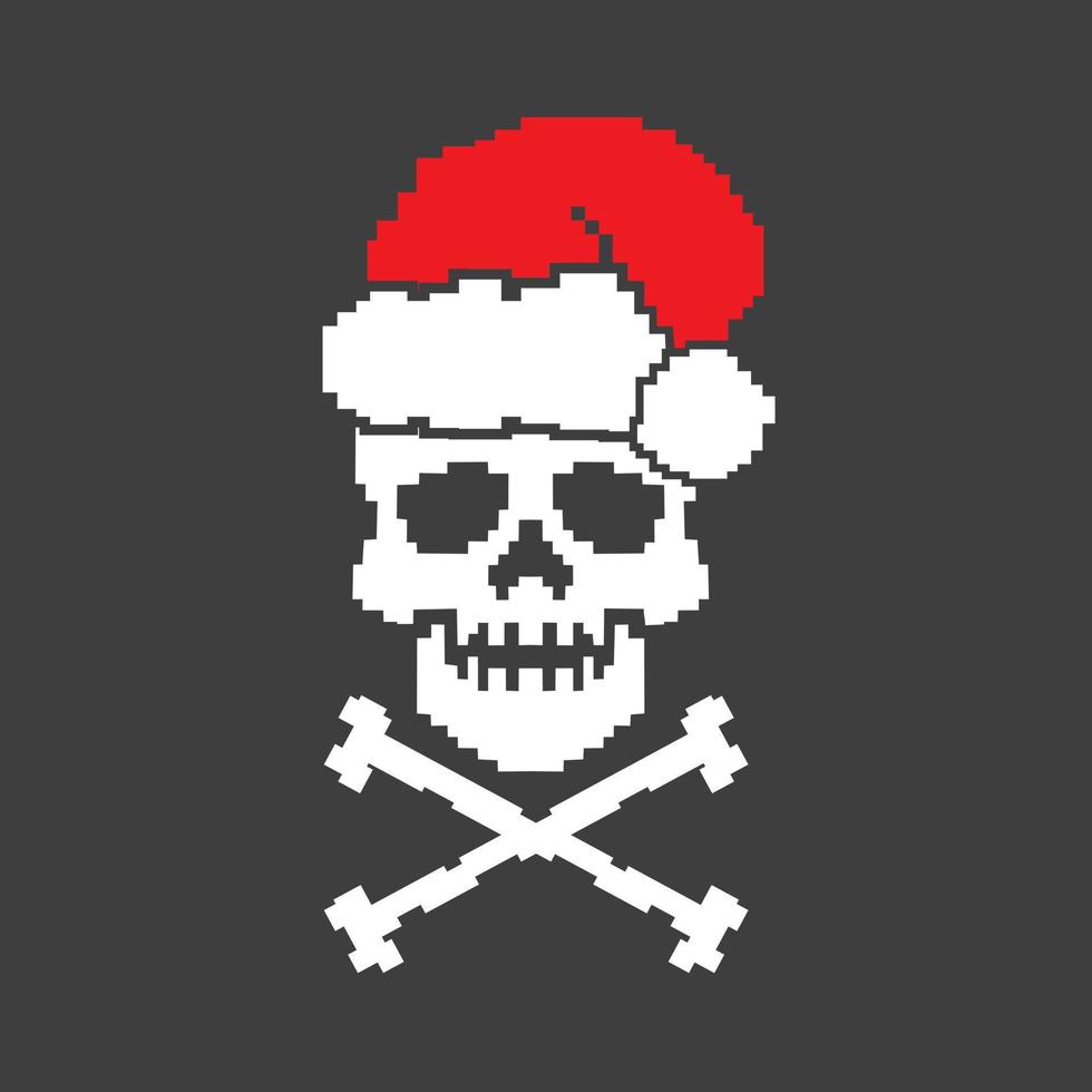 signo de navidad de píxeles con calavera en el sombrero de santa claus, camisetas de diseño vintage grunge vector