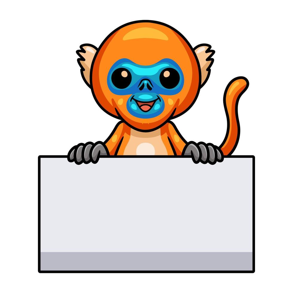 Cute little golden monkey cartoon with blank sign vector