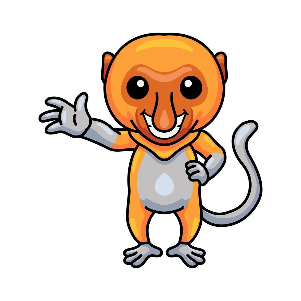 Cute little proboscis monkey cartoon waving hand vector