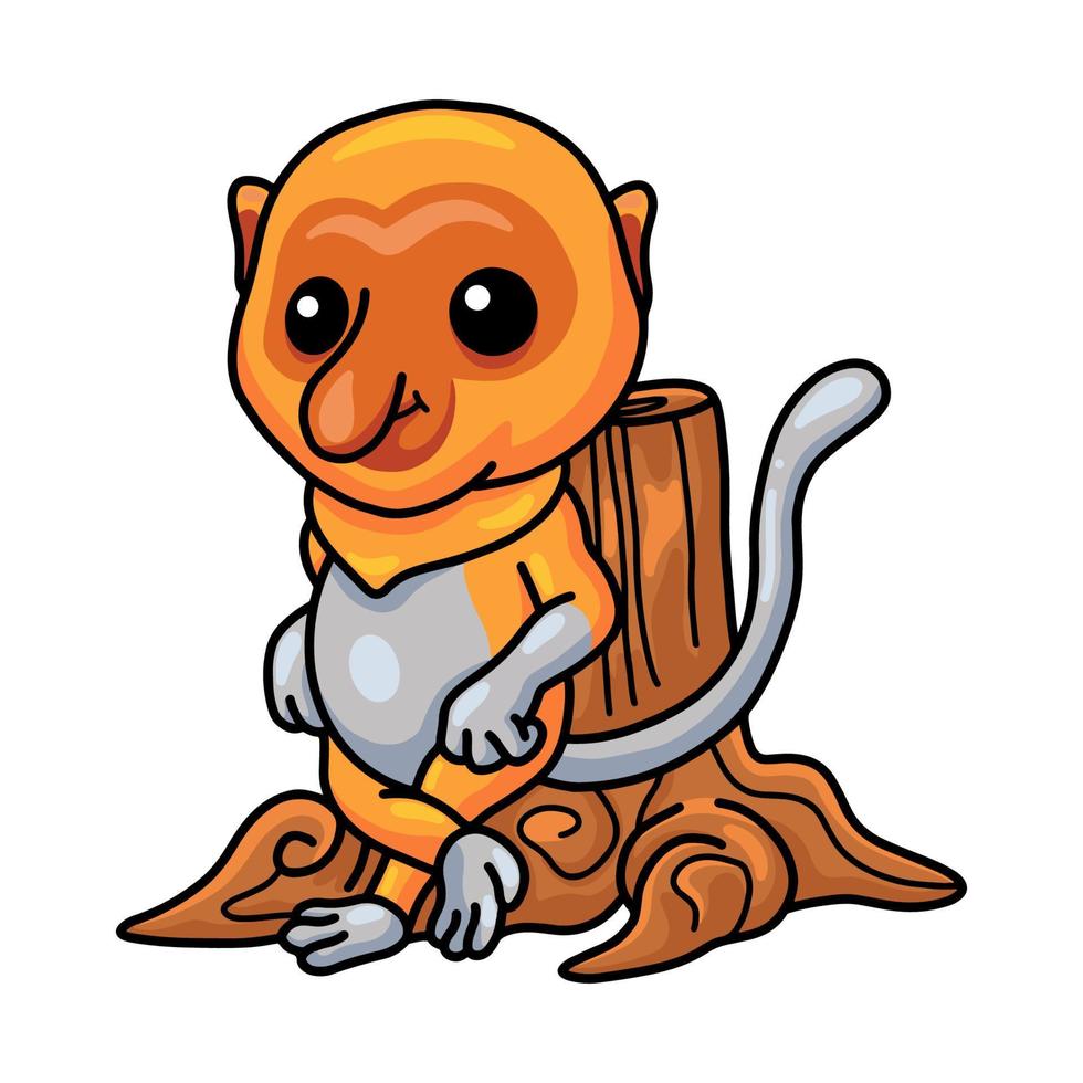 Cute little proboscis monkey cartoon leaning in tree stump vector