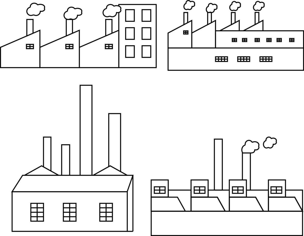 conjunto de iconos de fábrica. pictogramas de edificios industriales vectoriales. conjunto de siluetas negras de cuatro contornos de plantas para diseño industrial. vector