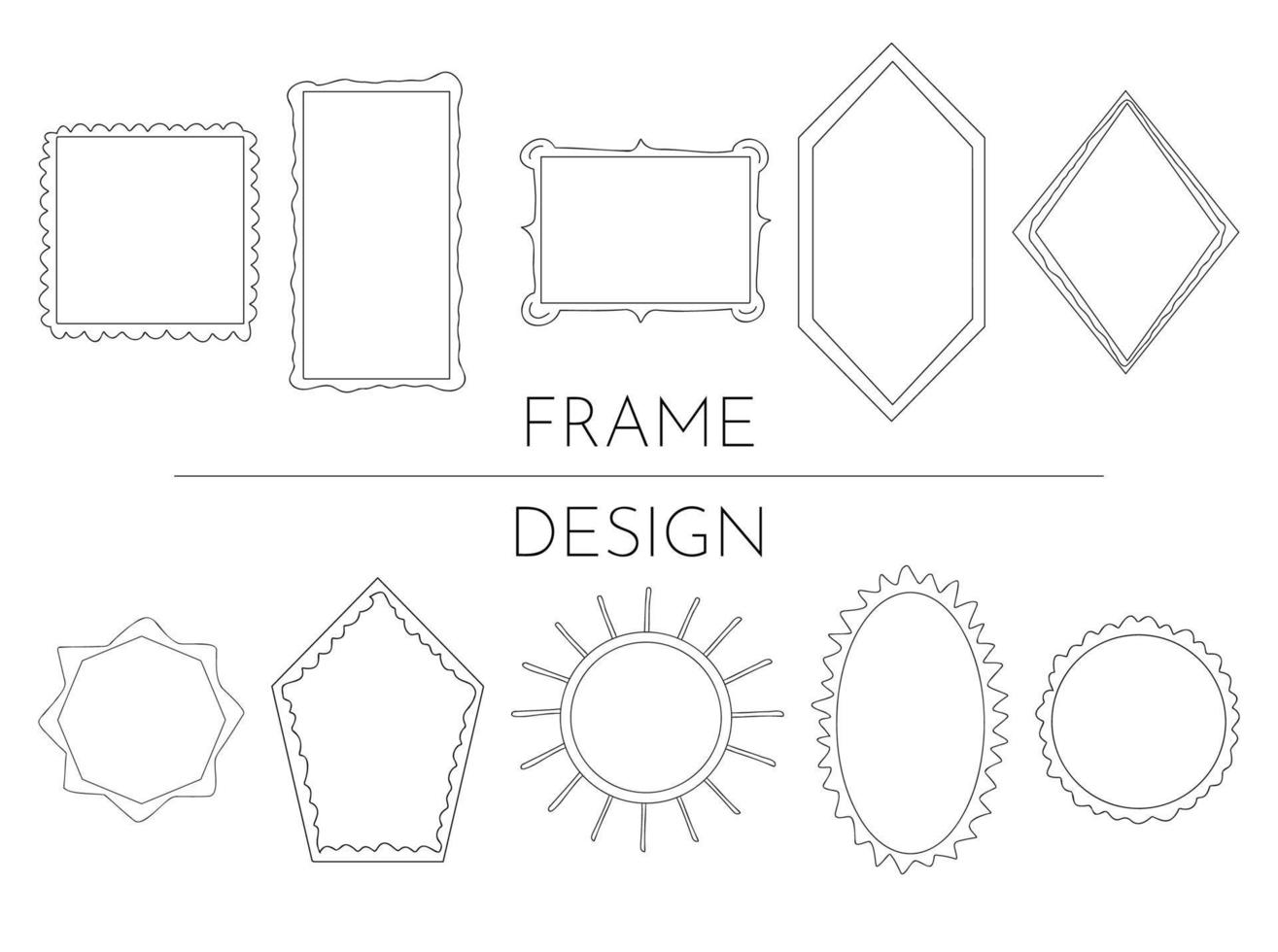 Hand drawn simple frames. Different shapes square, oval, circle, sun, rectangule, rhombus, polyhedron. Borders elements for any purposes. Doodle frames minimalistic design. Vector illustration