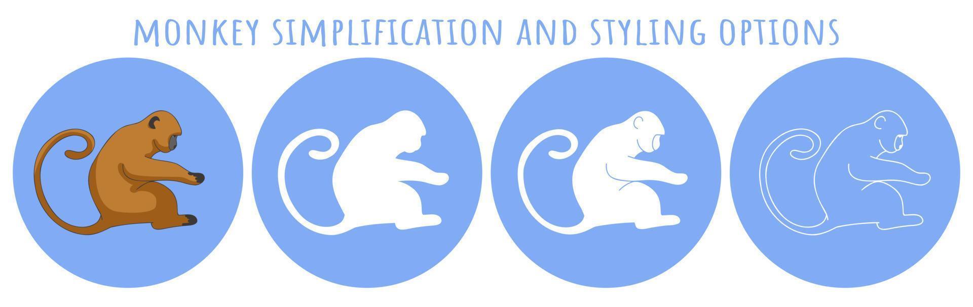 Monkey different simplification styling options icons set. Silhouette outline marmoset for transmitted by monkeys monkeypox virus infographics and other purposes, ape simple flat vector iluustration