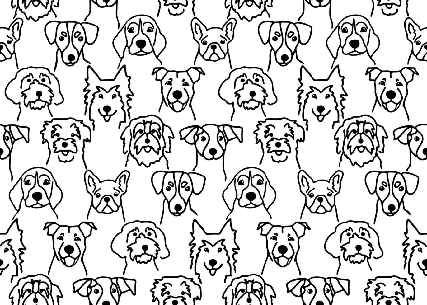 Seamless pattern with black outline doodle dogs faces. Cute dog head sketches background. Different puppy breeds vector illustration.