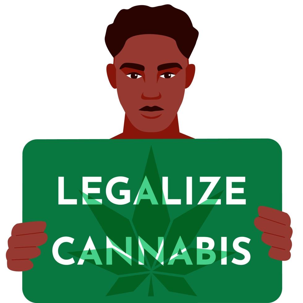 legalizar la manifestación de la marihuana. chico con cartel de legalizar el cannabis. hoja de cannabis sobre fondo verde y superposición de texto. apoyo para el uso médico del concepto de marihuana. ilustración vectorial vector