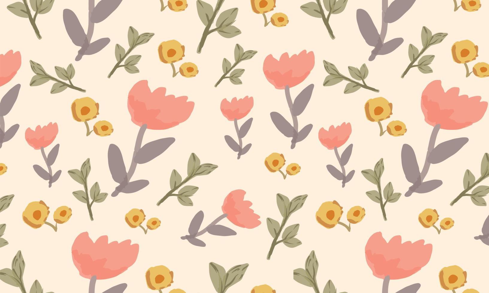 Seamless pattern with pink tulip, yellow flower and green leafe vector