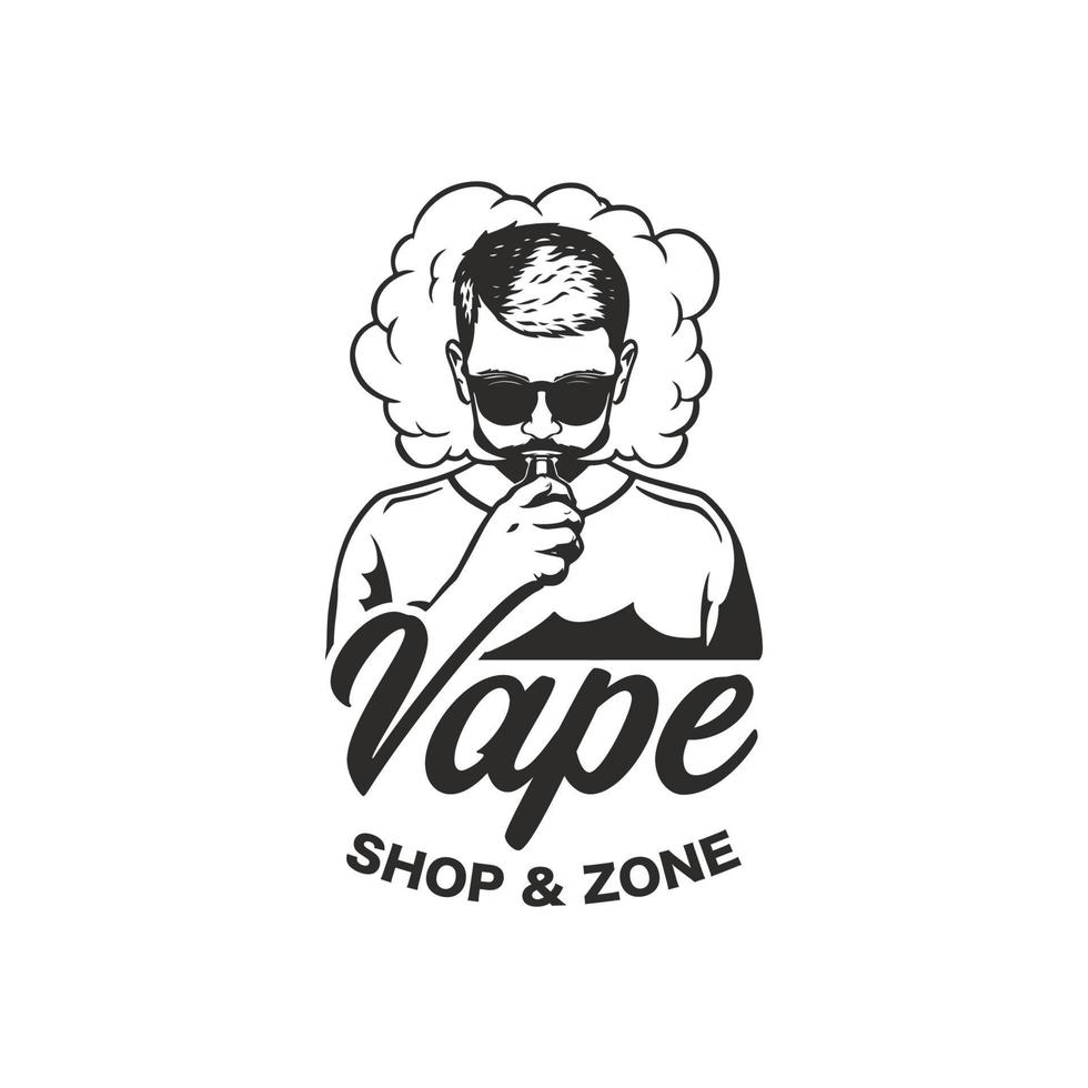 un hombre con logo de humo electrónico. plantilla de diseño de logotipo de tienda de vapor vector