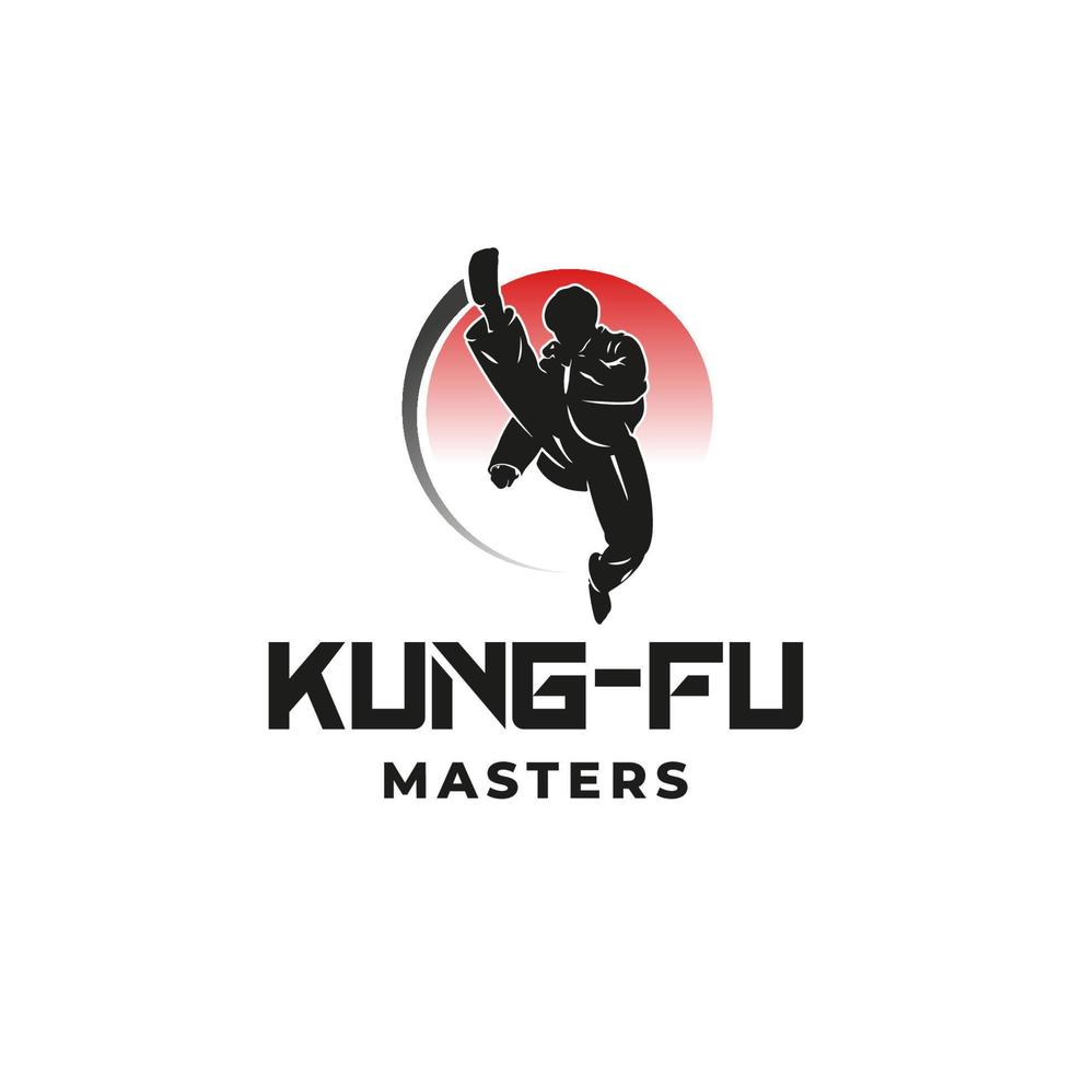 logotipo maestro de kung fu. hombre salta con plantilla de diseño de logotipo de lucha de patadas vector