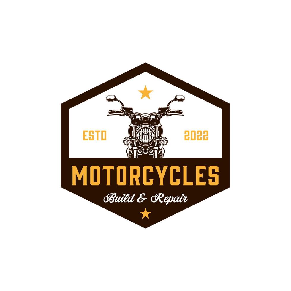 etiqueta de motocicleta personalizada en estilo vintage con inscripción y moto. club de motocicletas o bicicletas con plantilla de diseño de logotipo de ilustración vectorial aislada de fondo blanco vector