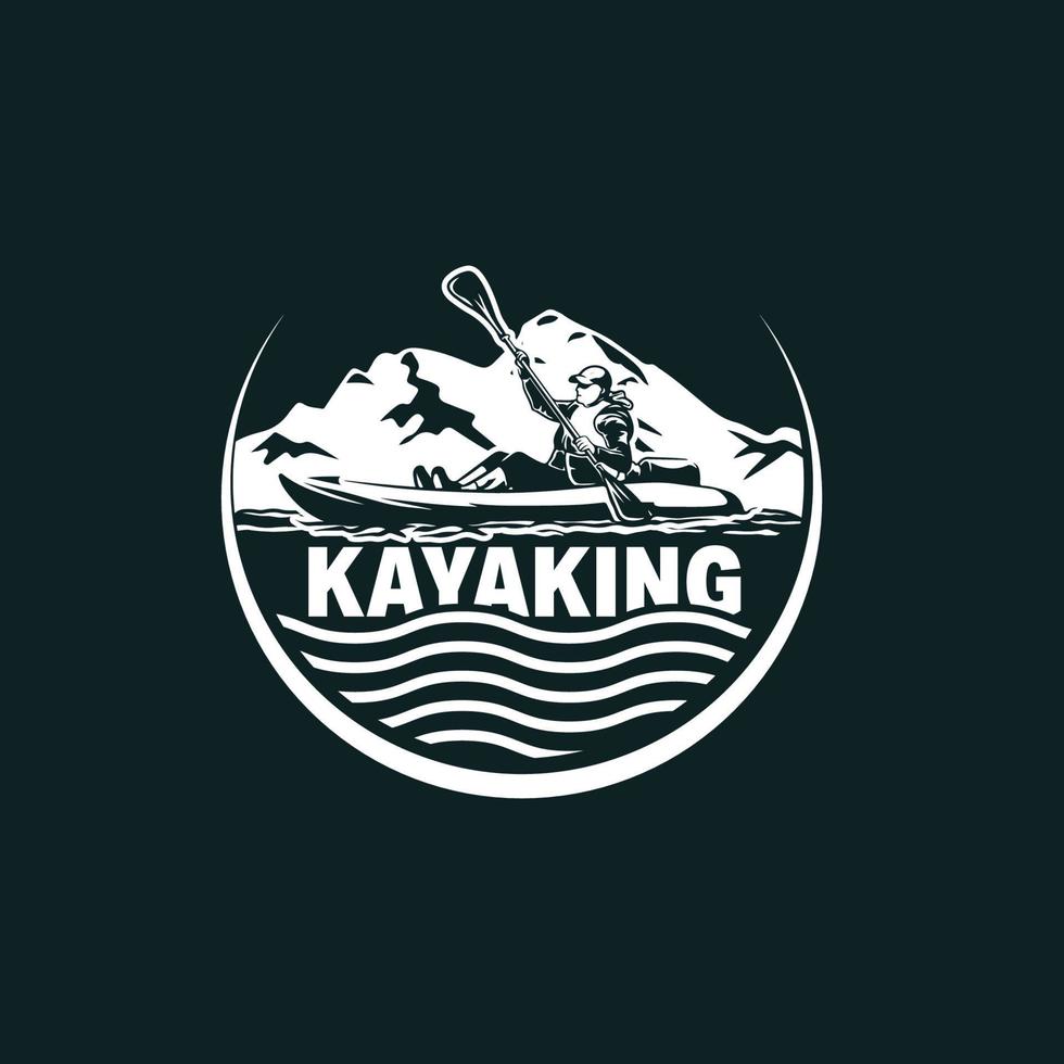 montaña retro vintage, rafting, kayak, remo, logotipo del campamento de piragüismo, etiquetas e insignias vector