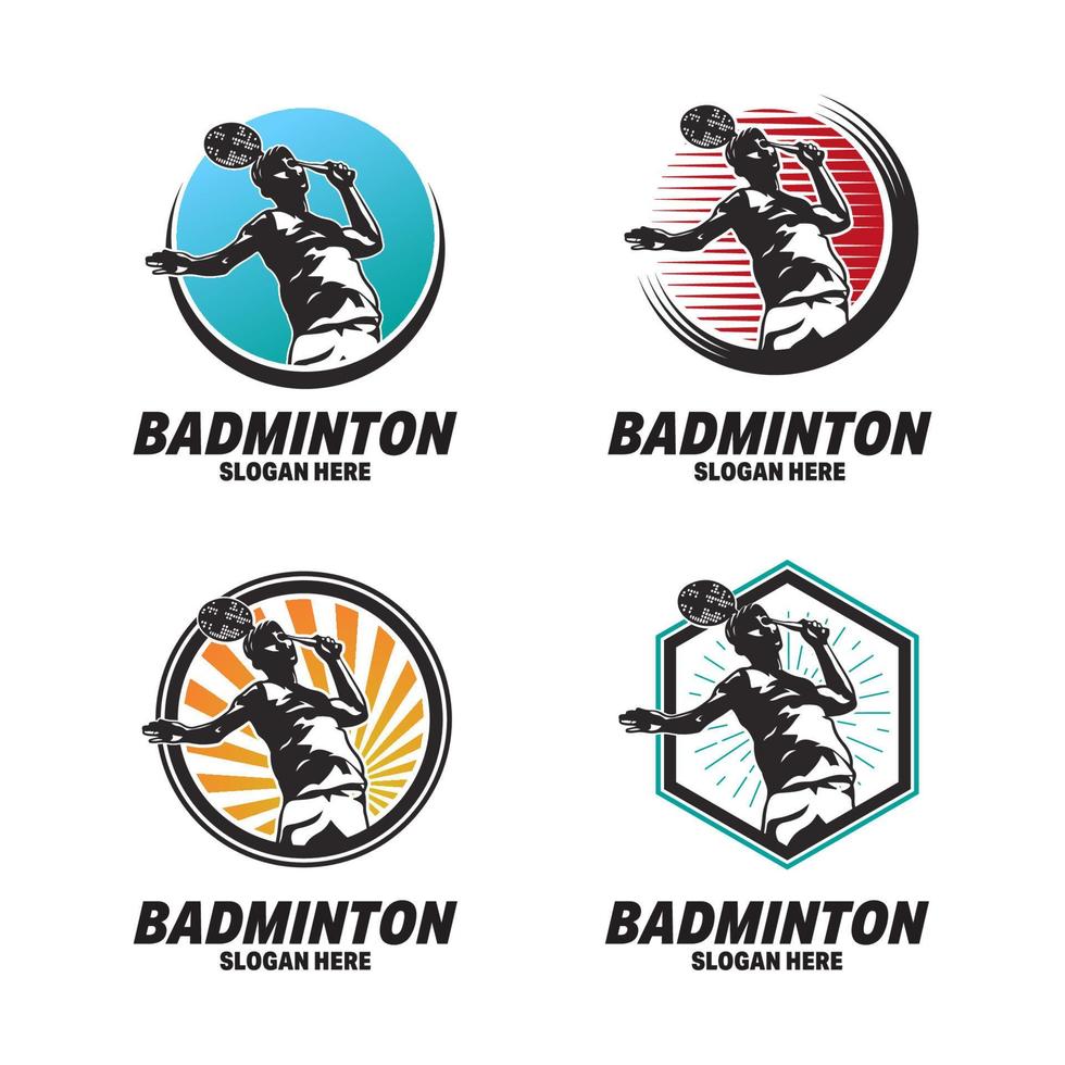 jugador de bádminton apasionado moderno en logotipo de acción, plantilla de diseño de logotipo de bádminton creativo vector
