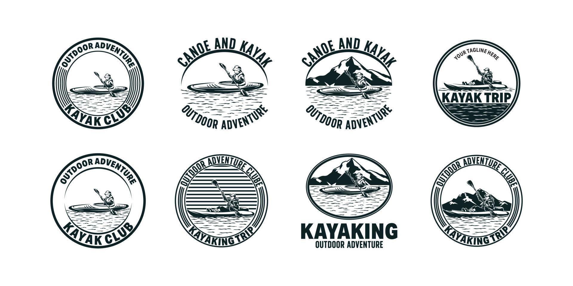 colección de montaña retro vintage, rafting, kayak, remo, logo del campamento de piragüismo, etiquetas e insignias vector
