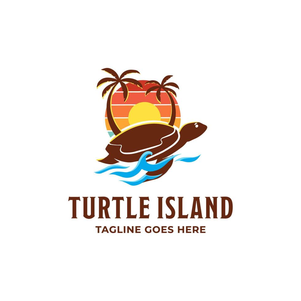 puesta de sol con logo de viaje de tortuga. plantilla de diseño de logotipo de isla tortuga vector