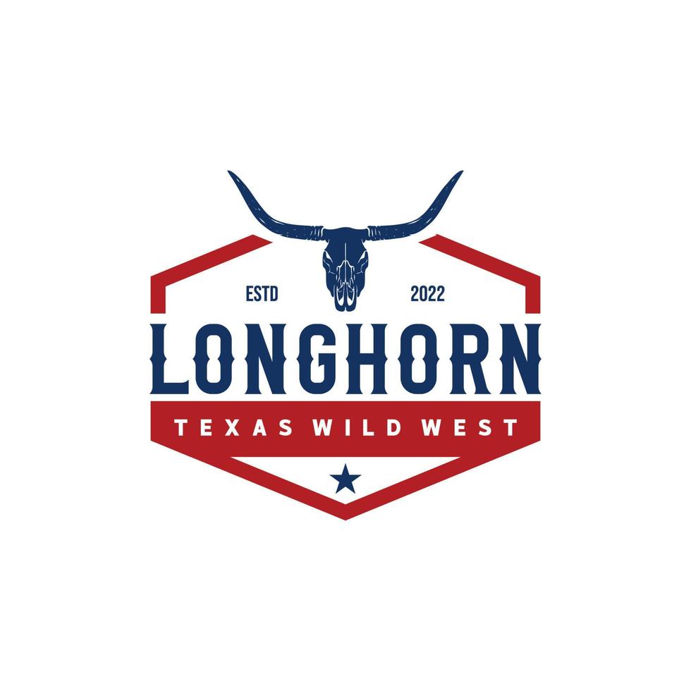 vaca de cuernos largos de texas, diseño de logotipo de etiqueta vintage de ganado de toro del país occidental para granja de campo familiar vector