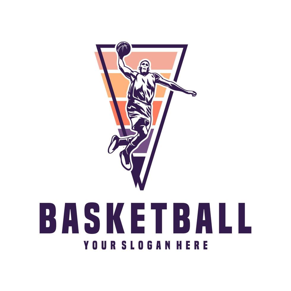 basketball player jumping with ball in hand. slam dunk basketball logo. basketball sport design template vector