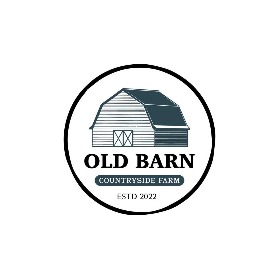 logotipo de emblema redondeado de granero antiguo vintage. granja de campo con plantilla de diseño de logotipo de granero de madera vector