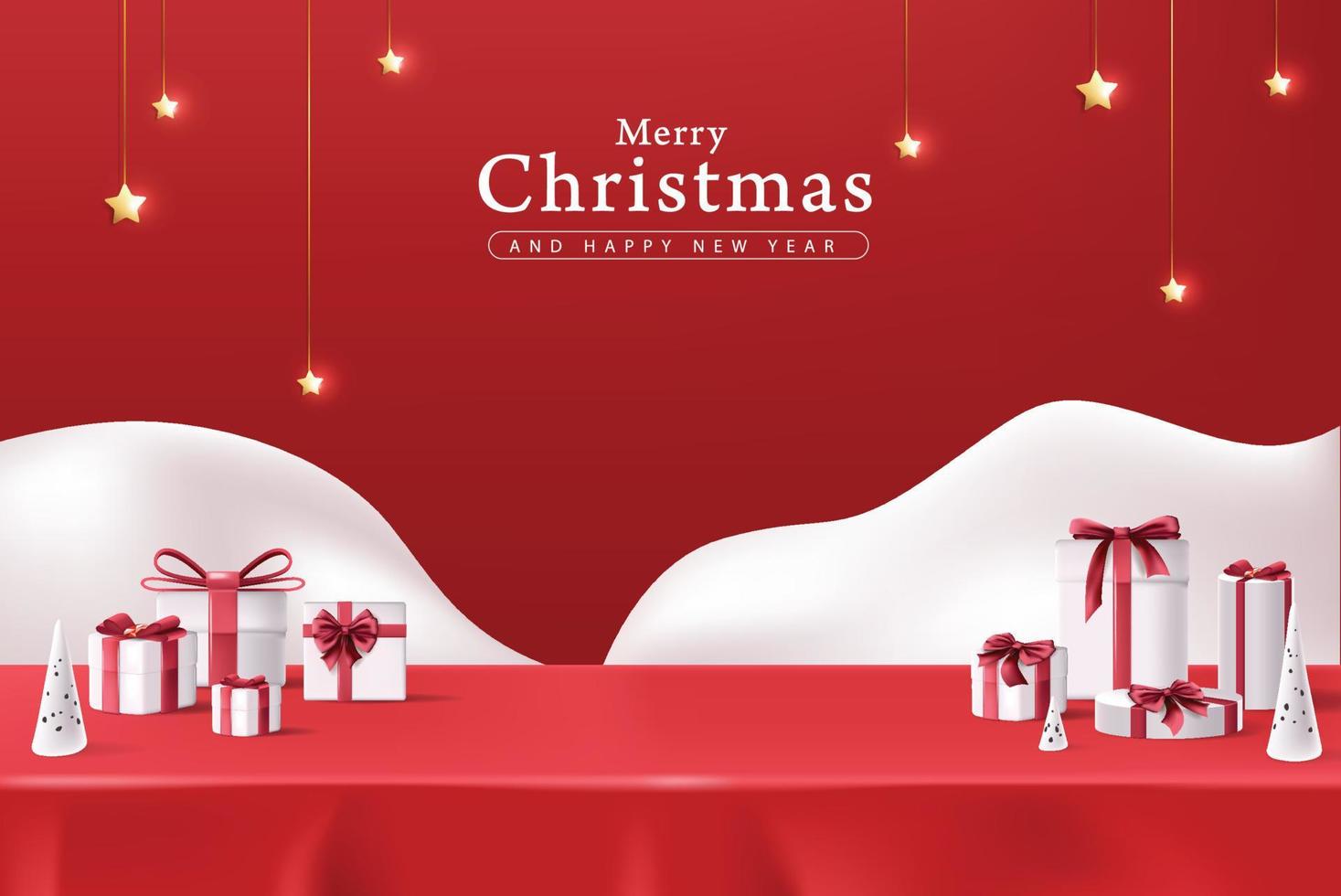 Christmas banner red tablecloth product display with copy space and gift box decorate vector