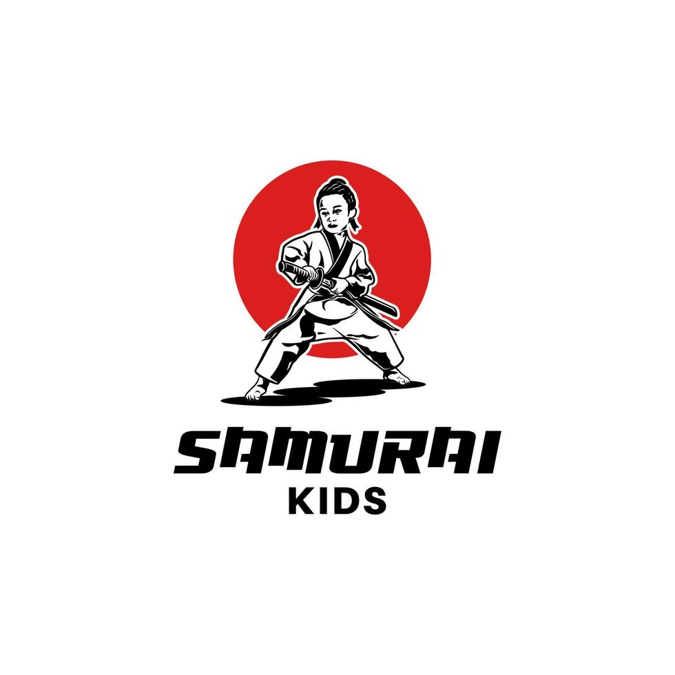 niñito japonés samurái. niños con ropa de kung fu sosteniendo una plantilla de diseño de logotipo de espada vector