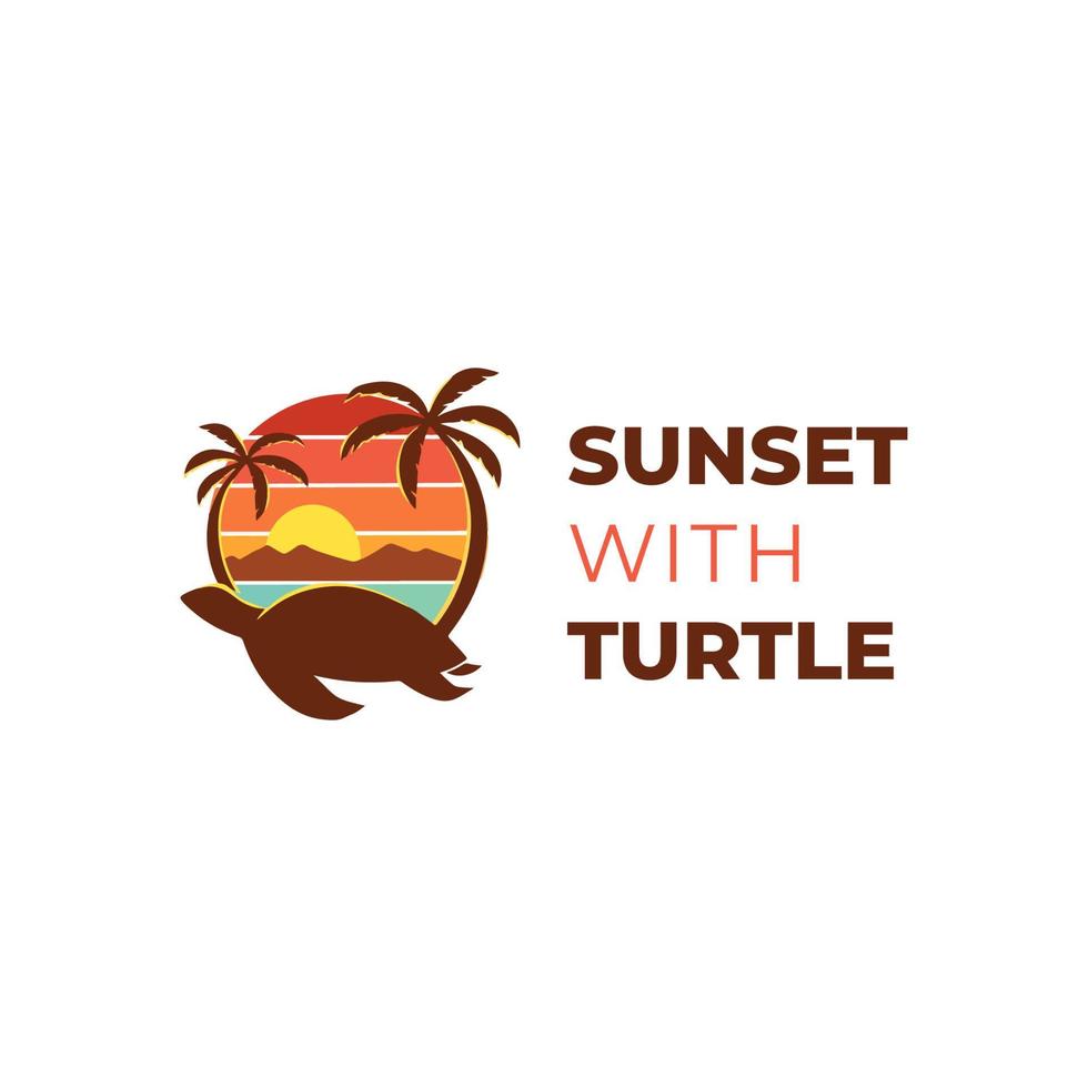 puesta de sol con logo de viaje de tortuga. plantilla de diseño de logotipo de isla tortuga vector