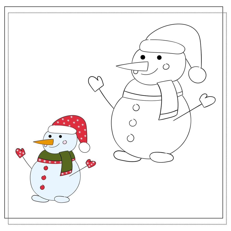 Coloring book for children. Draw a cute cartoon snowman based on the drawing. Vector illustration.