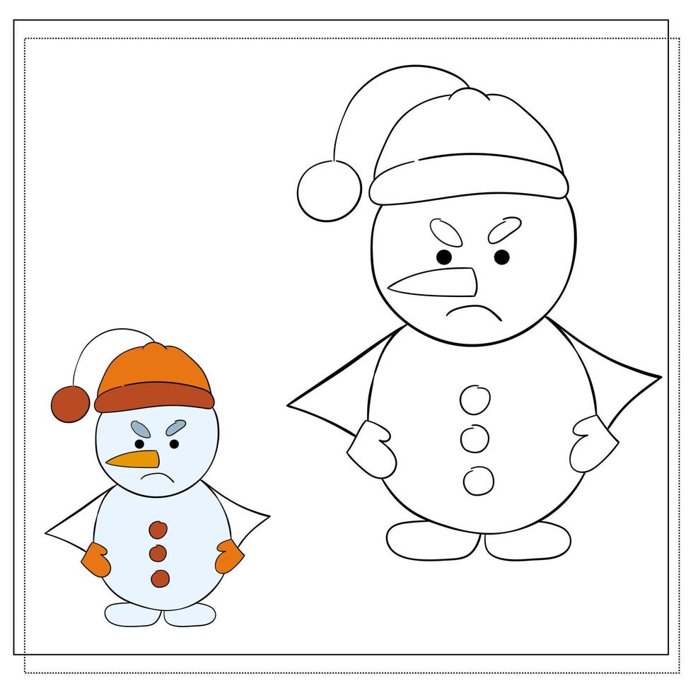 Coloring book for children. Draw a cute cartoon snowman based on the drawing. Vector illustration.