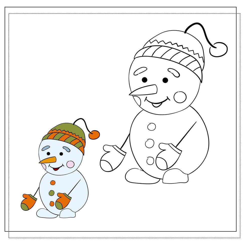 Coloring book for children. Draw a cute cartoon snowman based on the drawing. Vector illustration.