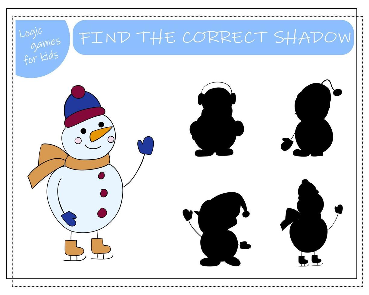 A logical game for children find the right shadow, snowman. vector illustration.