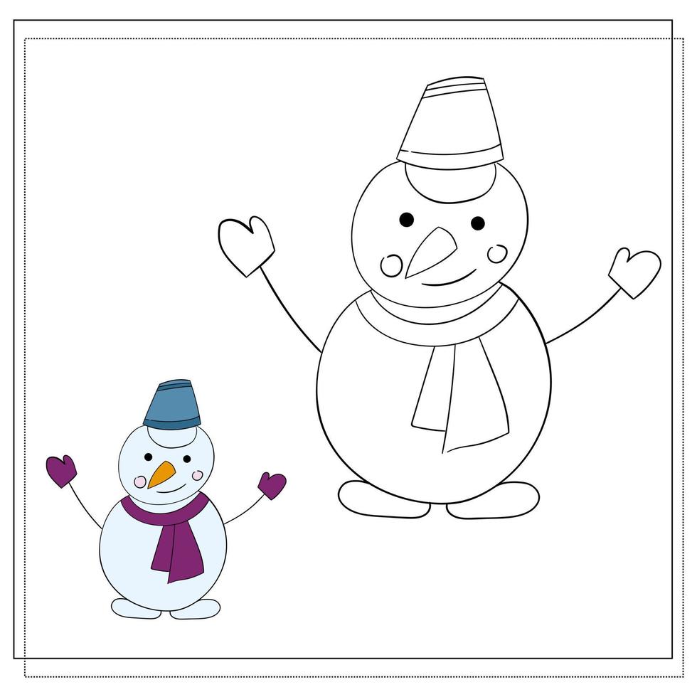 libro para colorear para niños. dibuja un lindo muñeco de nieve de dibujos animados basado en el dibujo. ilustración vectorial vector