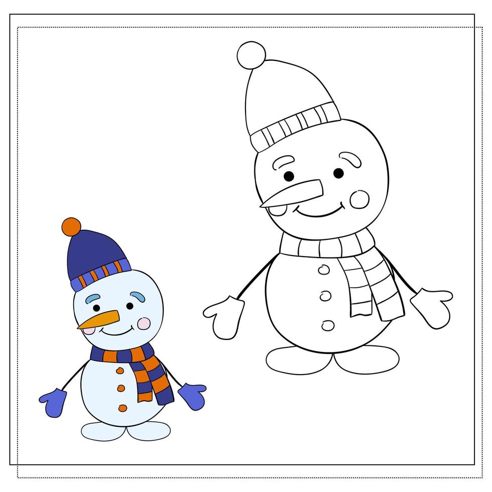 Coloring book for children. Draw a cute cartoon snowman based on the drawing. Vector illustration.