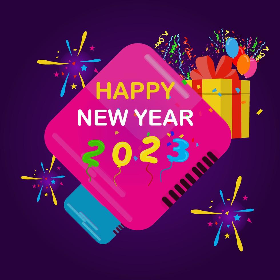 2023 feliz año nuevo y antecedentes festivos. año nuevo es la hora o el día en que comienza un nuevo año calendario y el recuento de años del calendario aumenta en uno. vector