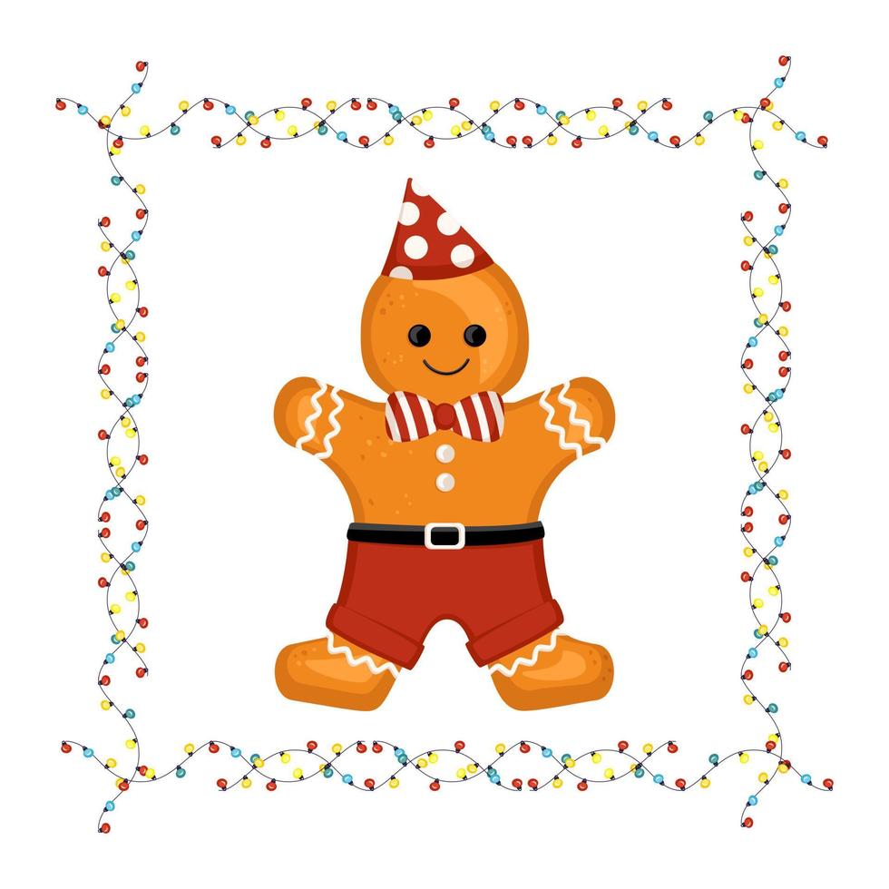 Gingerbread man, decoration for new year, Christmas and holidays in frame of garland with light bulbs. Vector flat illustration