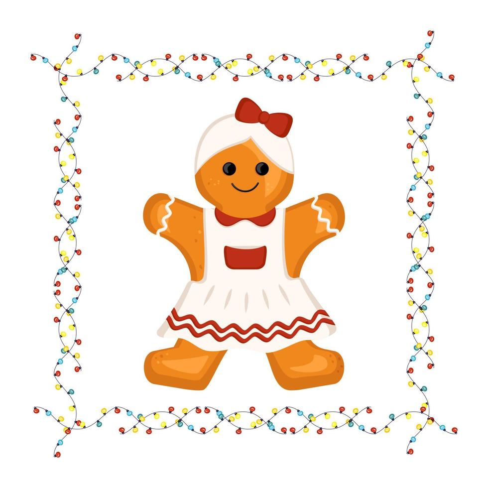 hombre de pan de jengibre, decoración para año nuevo, navidad y vacaciones en marco de guirnalda con bombillas. ilustración plana vectorial vector