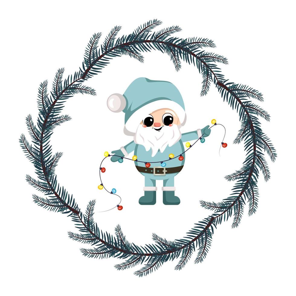 Small winter gnome with long white beard, happy face and gift in fir tree frame. Character for New Year, Christmas and winter design. Vector flat illustration