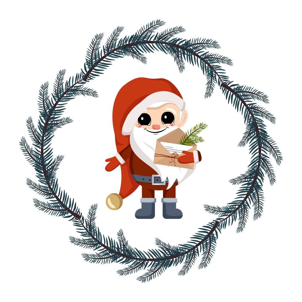 Small winter gnome with long white beard, happy face and holiday letter in fir tree frame. Character for New Year, Christmas and winter design. Vector flat illustration