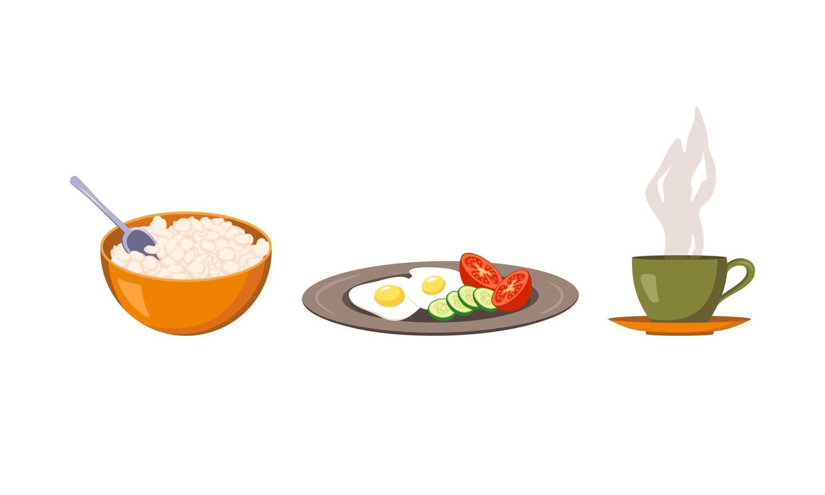 Items of morning routine. Plate with scrambled eggs, tomato and cucumber,  bowl with porridge or cottage cheese, cup of tea or coffee with steam. Dish with breakfast. Vector flat illustration