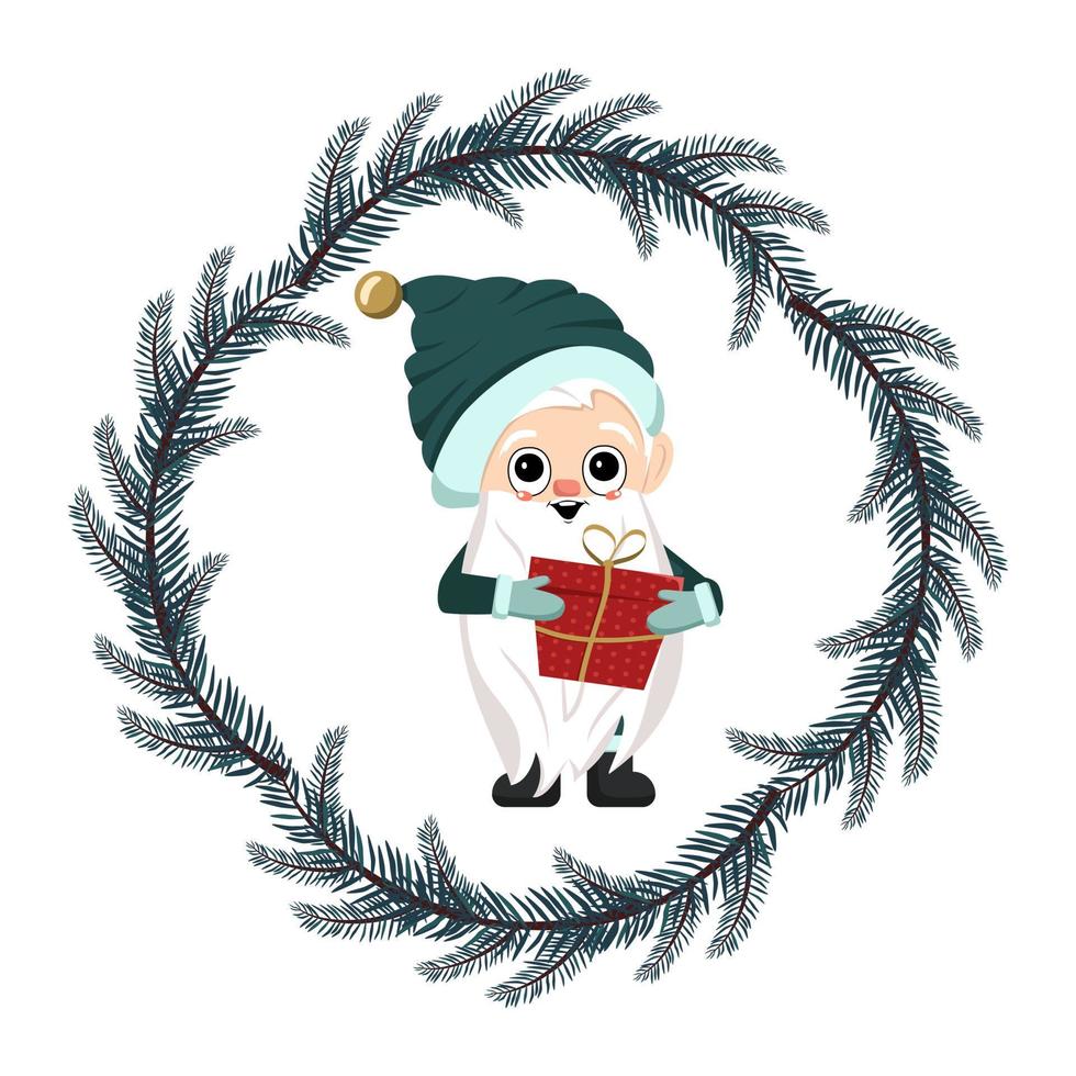 Small winter gnome with long white beard, happy face and gift in fir tree frame. Character for New Year, Christmas and winter design. Vector flat illustration