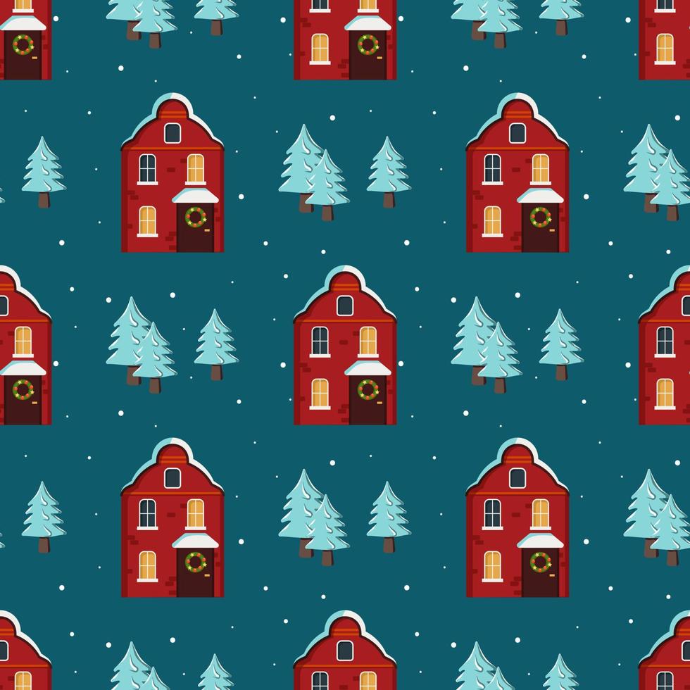 Seamless pattern with cute houses with a bright roof on the snow, light in the windows and chimneys. Merry holiday print, New Year and Christmas decorations. Winter and festive background vector