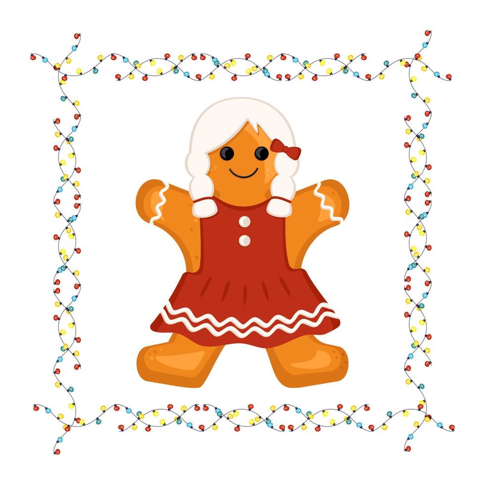 Gingerbread man, decoration for new year, Christmas and holidays in frame of garland with light bulbs. Vector flat illustration