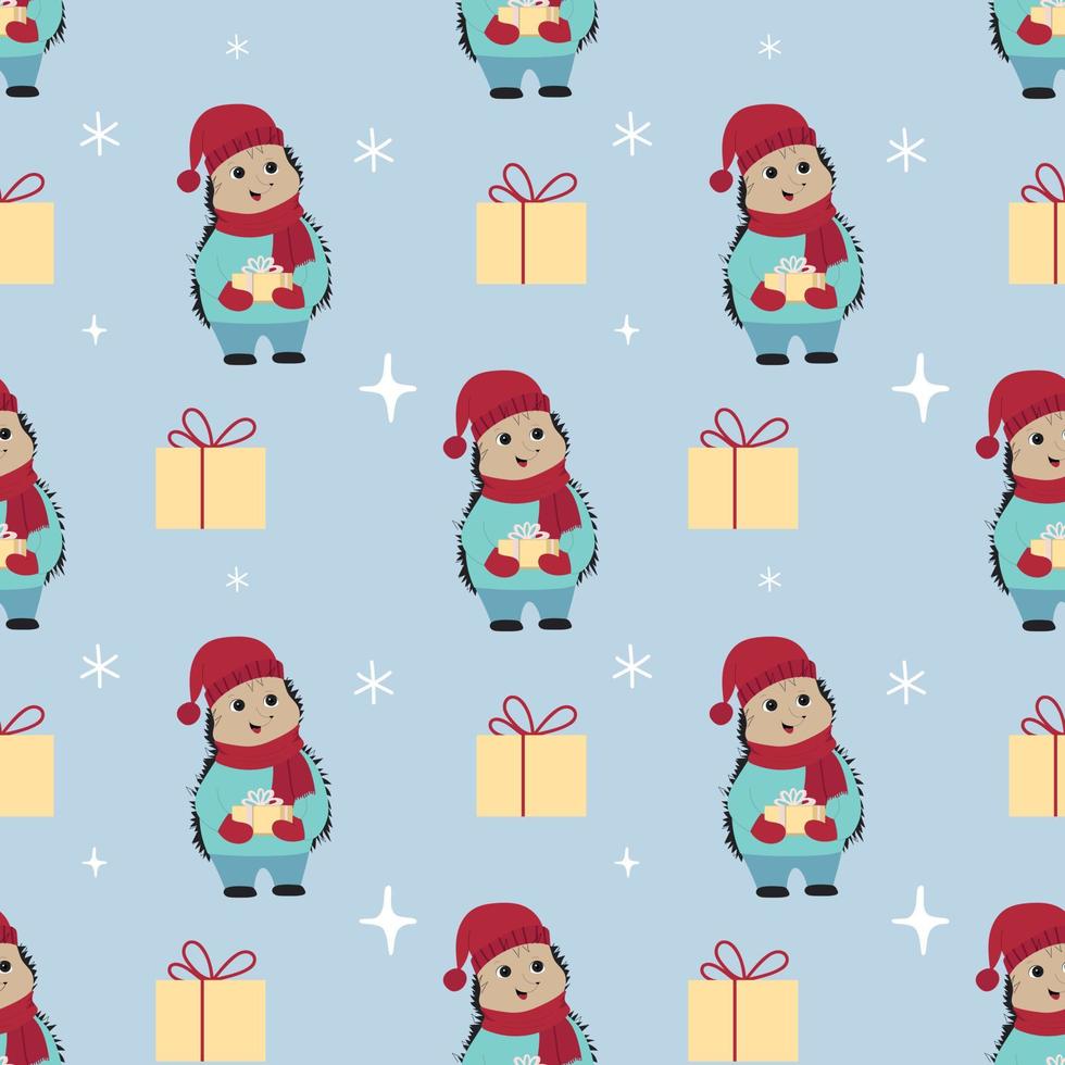 Christmas pattern with hedgehog vector