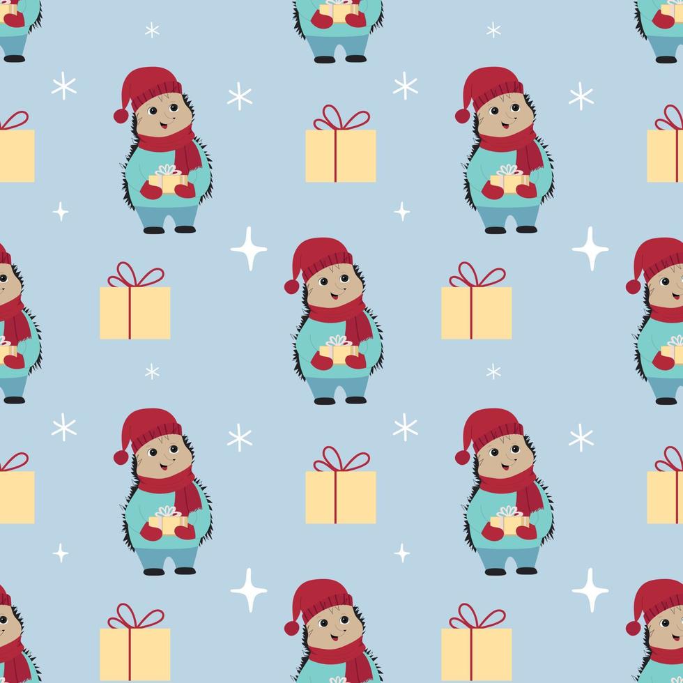 Christmas pattern with hedgehog vector