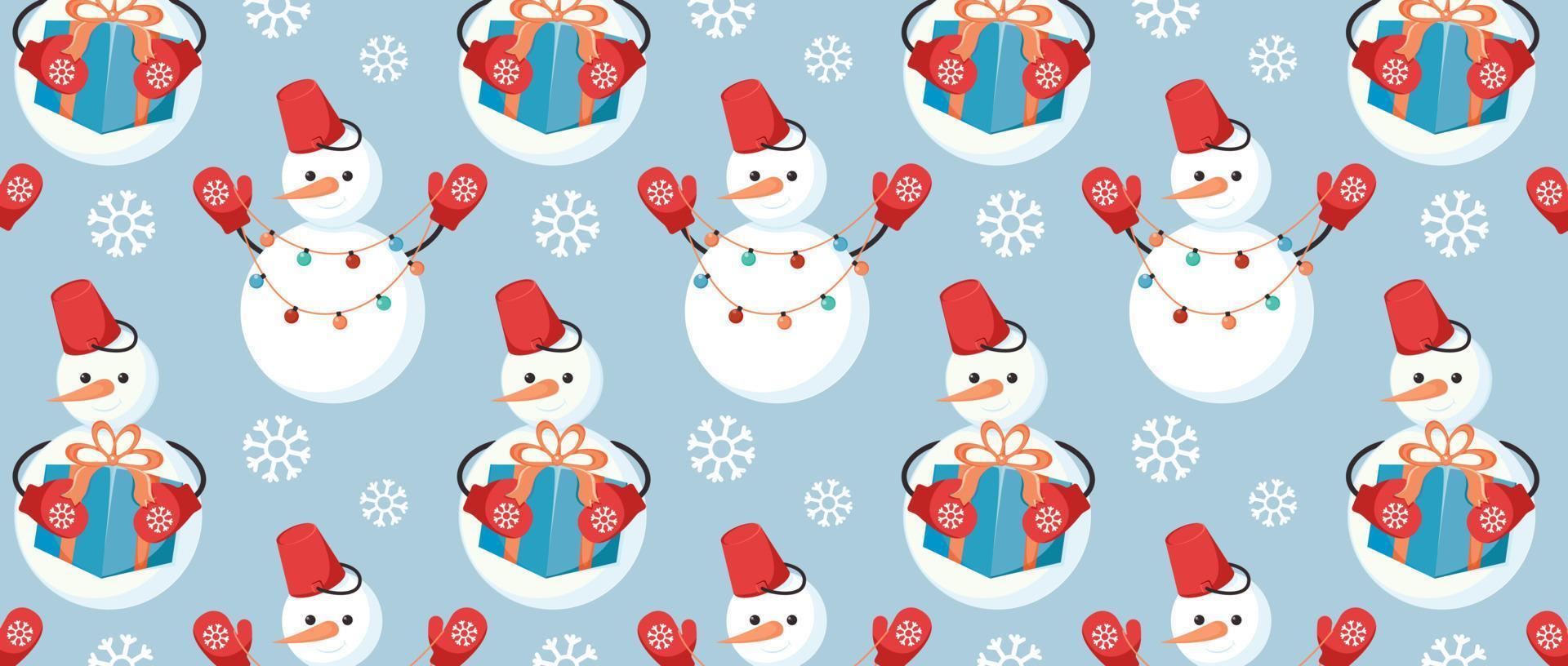 Cheerful snowman with bucket on head, blue background. Seamless pattern for fabrics, textiles, paper, wallpaper. Winter design. Cute cartoon character. Bright Vector illustration