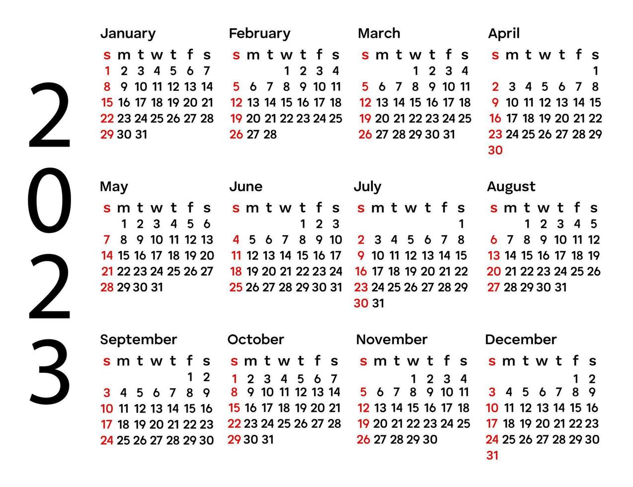 calendario simple y conciso para 2023. 12 meses. la semana comienza el domingo. plantilla de planificador de diseño corporativo. calendario de bolsillo horizontal. ilustración vectorial vector