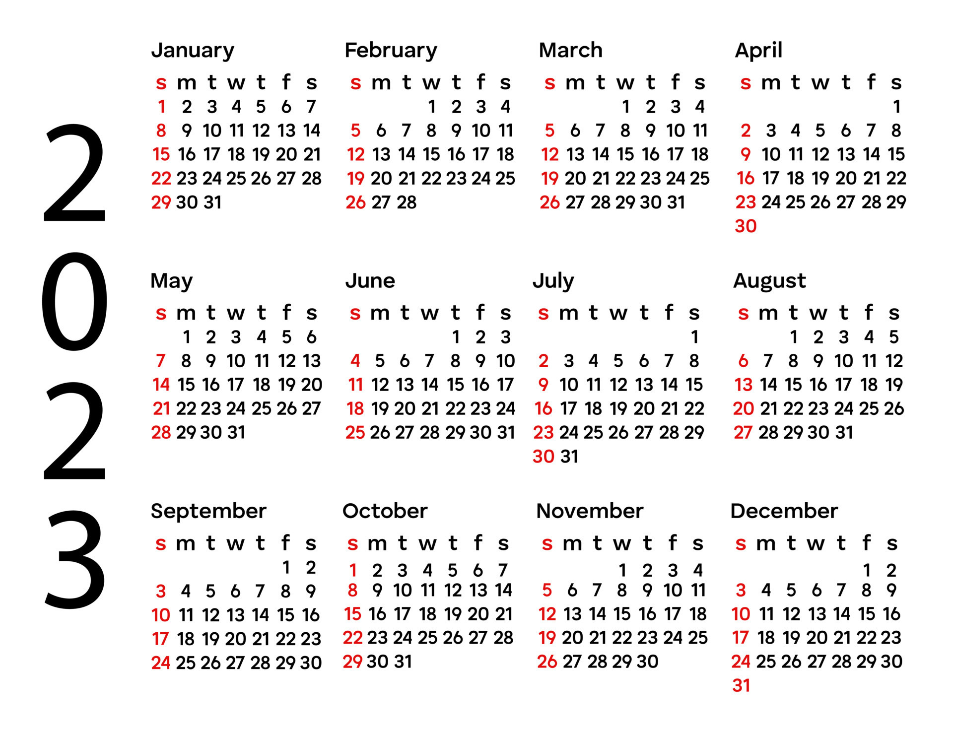Simple concise calendar for 2023 12 months Week start Sunday