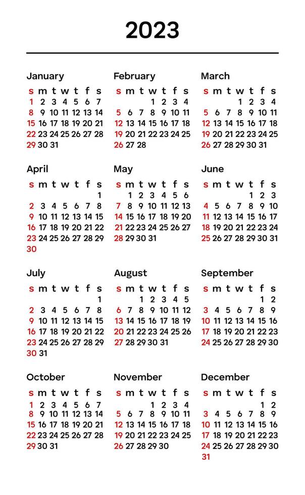 Simple concise calendar for 2023. 12 months. Week start Sunday. Corporate design planner template. Vertical calendar. Vector illustration