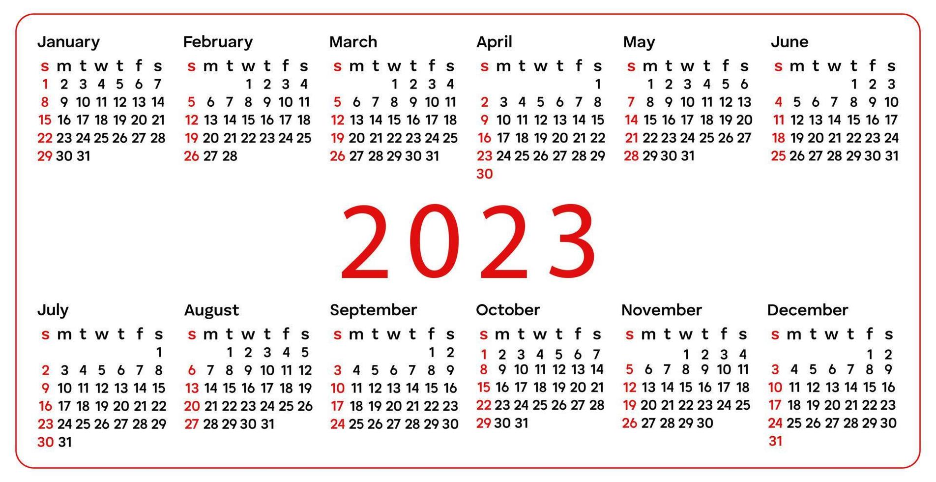 Simple calendar 2023. 12 months. Week start Sunday. Corporate design planner template. Horizontal pocket calendar. Copy space. Vector illustration