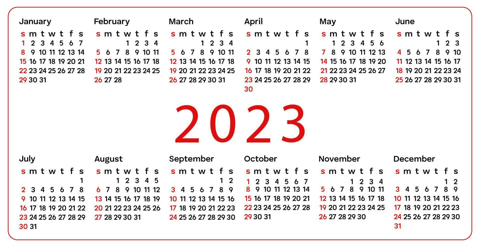 calendario simple 2023. 12 meses. la semana comienza el domingo. plantilla de planificador de diseño corporativo. calendario de bolsillo horizontal. copie el espacio ilustración vectorial vector