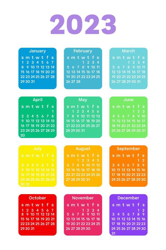 Colorful Pocket or wall Vertical calendar for 2023. 12 months. All colors of rainbow. Week start Sunday. Corporate design planner template. Color Vector illustration