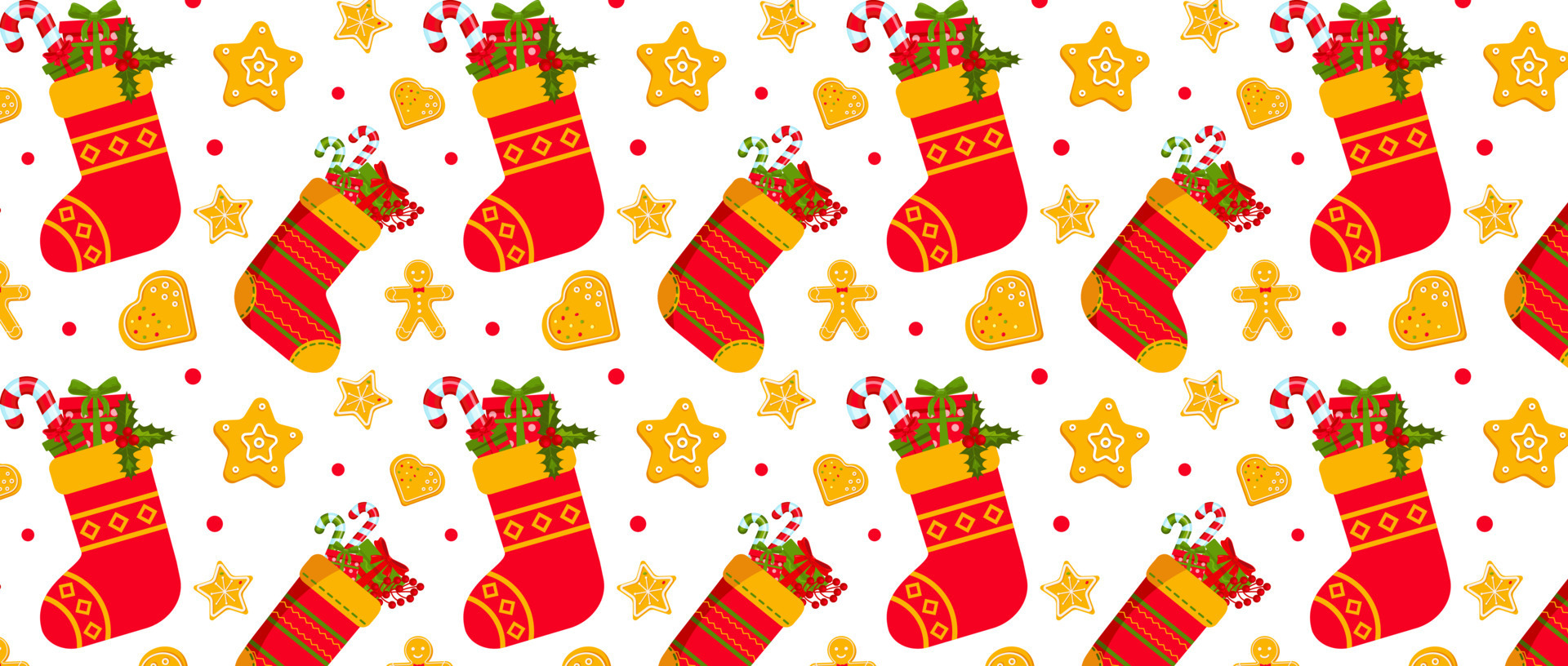 Christmas socks with gifts, white background. Seamless pattern for ...