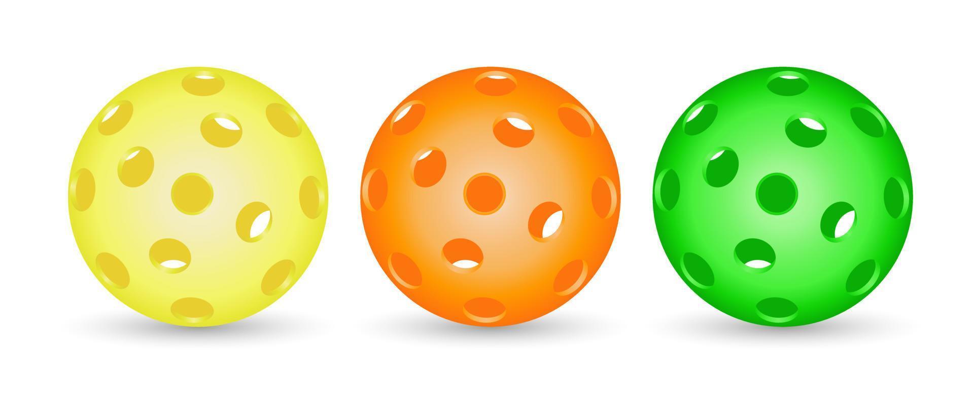bolas de pickleball multicolores brillantes. equipamiento deportivo de pickleball para juegos al aire libre. deportes activos para personas mayores vector