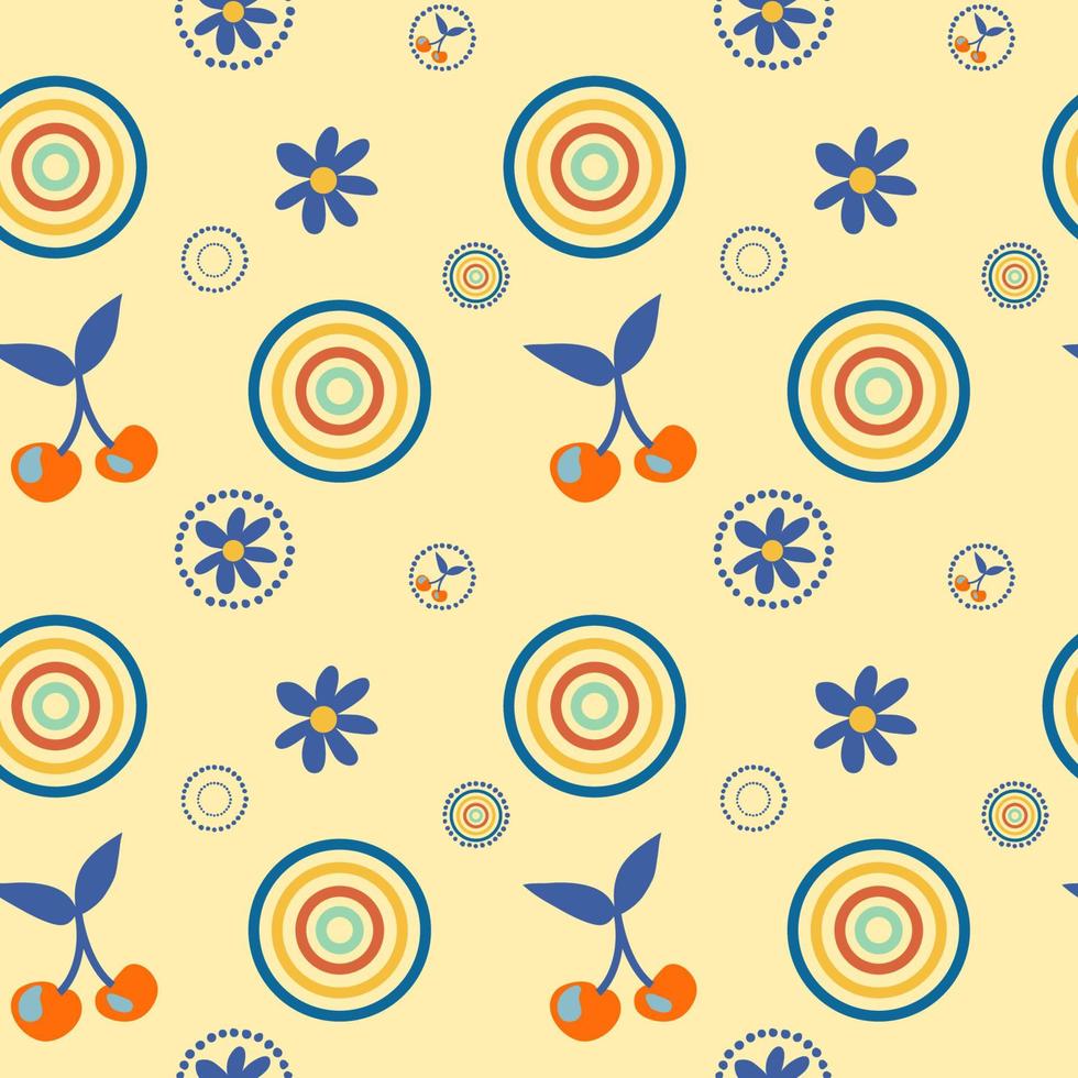 Groovy seamless patterns with cherry and dots. Vector backgrounds in trendy retro trippy style. Hippie 60s, 70s style. Design for fashion , fabric, textile, wallpaper, cover.